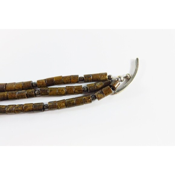 7 1/2" Triple Strand Bronzite 4mm Tube Sterling Silver Beaded Toggle Bracelet - Picture 11 of 12